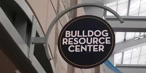 Bulldog Resource Center overhead door sign